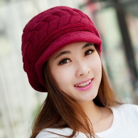 〽️Women’s Wine Winter Warm Knit Wool Snow Ski Hat with Visor main image 8